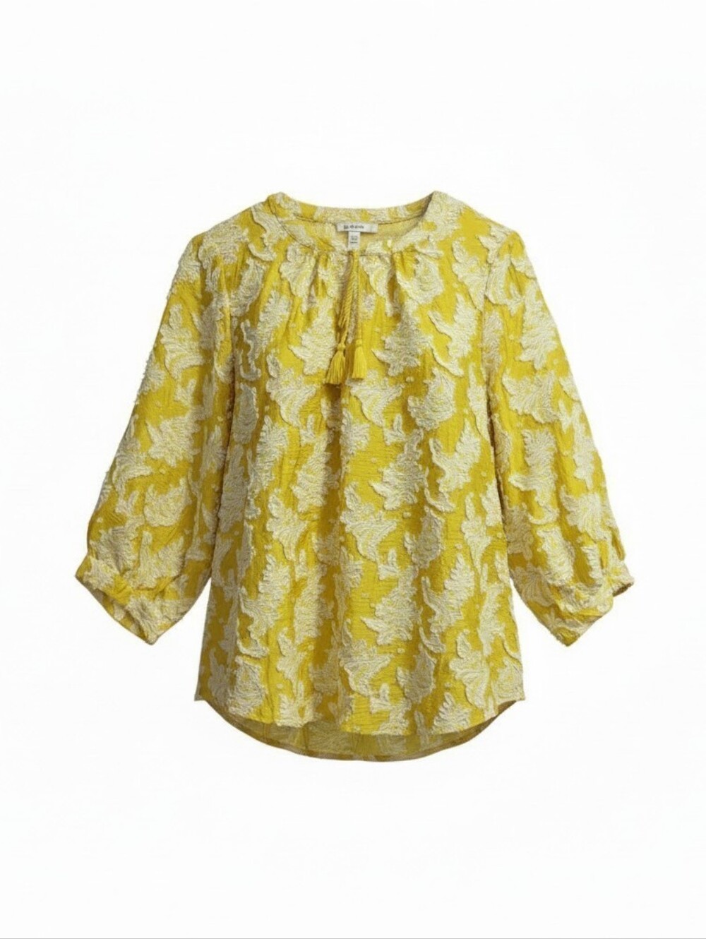 Chico's Top Sz 2 USA 12 Yellow Paisley Textured Split Neck Tassel Boho Hippie